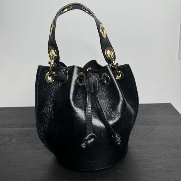 HOUSE OF HARLOW‎ 1960 100% Leather Bucket Drawstring Bag Eyelets - Picture 2 of 10